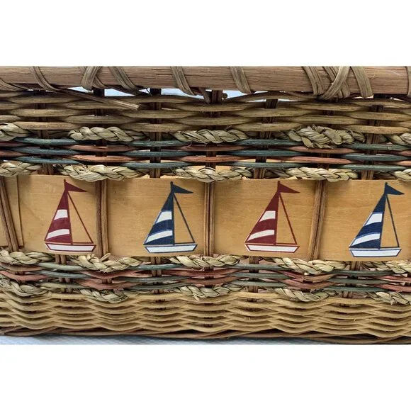 Vintage Nautical-Themed Woven Basket Wire Bail Handles Sailboat Design 10"x12" - Picture 2 of 14